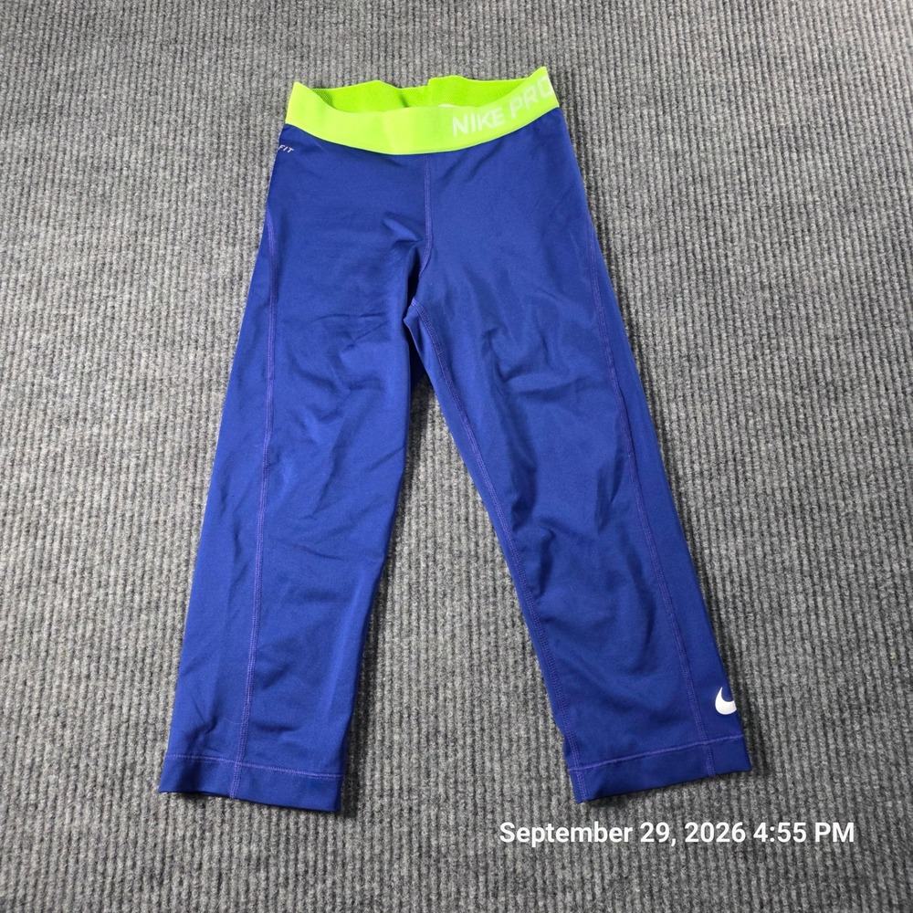 Nike Pro Dri-FIT Womens XS Blue Neon Green Capri Leggings 589366-456